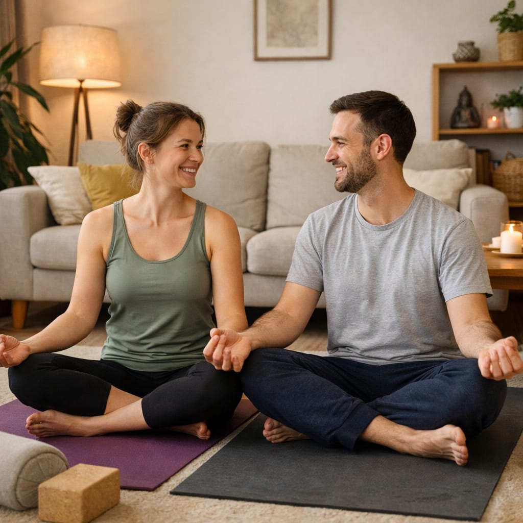 yoga mit parter zwei schüler machen yoga mit babsi zu hause in Bayreuth und lachen sich an