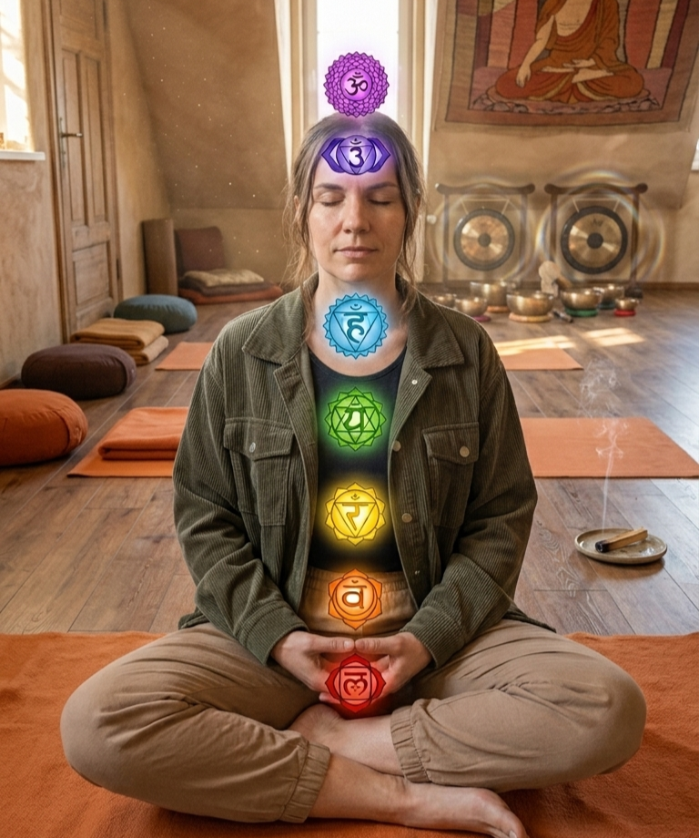 Babsi sitzt in Yogastudio im Schneidersitz mit 7 Chakren- Yoga mit Babsi Bayreuth