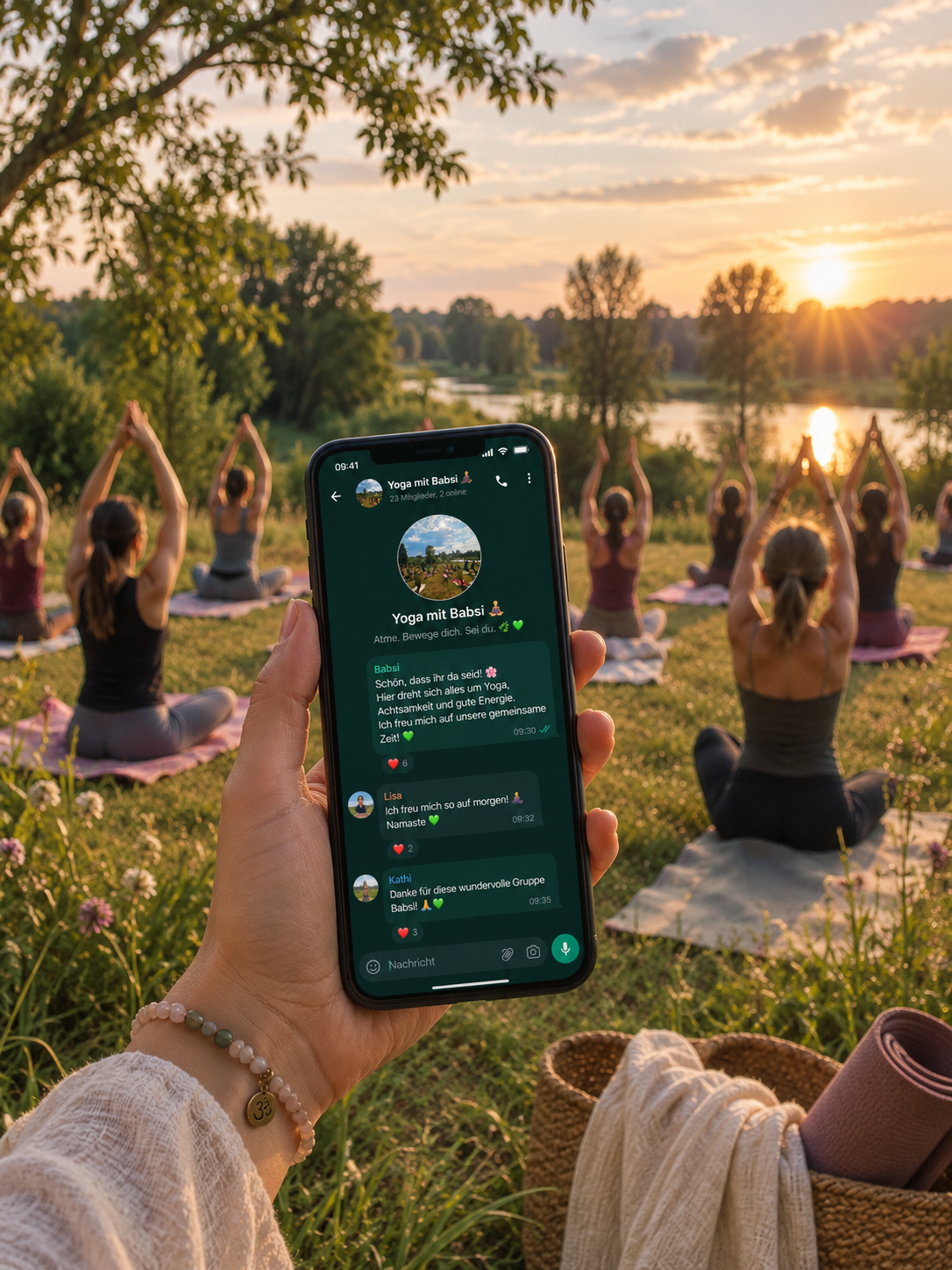 WhatsApp Gruppe Yoga mit Babsi- Handybildschirm vor Wiese in Bayreuth